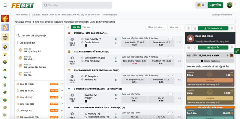 Sảnh BTI Sports Febet có đa dạng tỷ lệ kèo thể thao