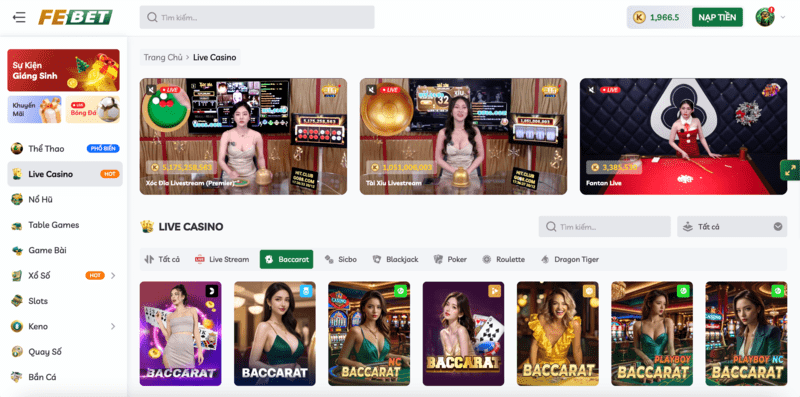 Sảnh Live Casino Baccarat Febet