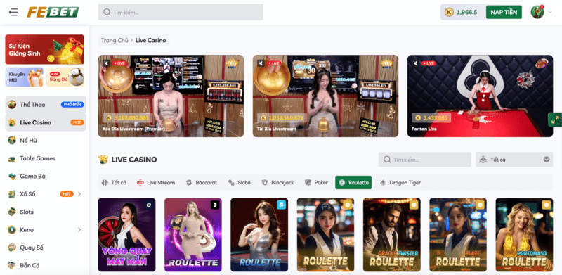 Sảnh Live Roulette nhà cái Febet